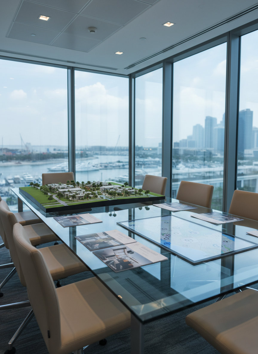 A high-end meeting room designed for real estate consultations, featuring a rectangular glass conference table with brushed steel legs, surrounded by modern, armless leather chairs in a soft sand tone. On the table, a neatly arranged set of printed villa and apartment listings, a tablet screen displaying an interactive UAE map, and a small scale 3D model of a contemporary residential community with roads, greenery, and water features. Floor-to-ceiling windows overlook a blurred marina scene. Cool, even daylight mixes with subtle ceiling panel lighting, creating a professional, focused ambiance. Shot from a corner at a slightly elevated angle, the composition captures depth and perspective along the table. The mood is strategic and collaborative, rendered in crisp, clean photographic realism with a corporate yet welcoming feel for property buyers, sellers, and tenants.