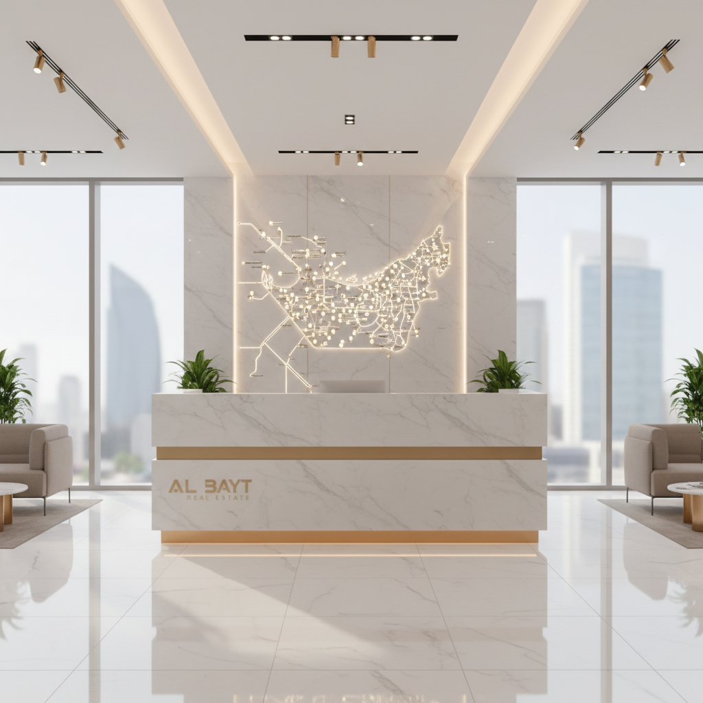 A bright, organized real estate agency reception interior in the UAE featuring a minimalist white marble welcome desk with a brushed brass accent strip and a subtle engraved logo reading “Al Bayt Real Estate”. Behind the desk, a wall-mounted digital map of the Emirates displays key property locations as glowing points of light. Floor-to-ceiling windows reveal a blurred city skyline outside. Soft, diffused daylight blends with warm recessed ceiling lighting, creating a calm, inviting glow and gentle reflections on the marble floor. Shot from an eye-level perspective with a balanced, symmetrical composition and moderate depth of field, everything appears sharp and meticulously arranged. The mood is professional and welcoming, rendered in clean photographic realism that emphasizes trust, transparency, and high-end service.