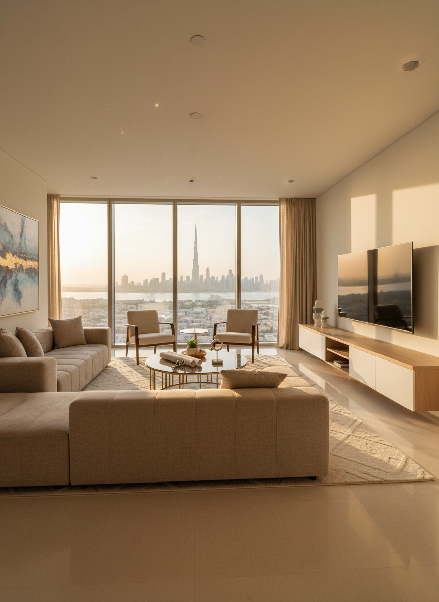 An elegantly staged living room of a UAE luxury apartment, showcasing a panoramic floor-to-ceiling window framing a distant view of the Dubai skyline and shimmering water. Inside, a low-profile beige sectional sofa with rich textured fabric faces a sleek wall-mounted media unit in matte white and light oak. A glass-topped coffee table holds a small tray with real estate floor plan printouts and a metallic key-shaped decor piece. Soft golden hour light floods the room, casting warm highlights on the neutral textiles and creating gentle, elongated shadows across the polished porcelain floor. Photographed at eye level with a wide lens, the composition uses leading lines from the rug and window frames to draw the eye outside. The atmosphere is aspirational, serene, and homely, rendered in clean, high-end photographic realism.