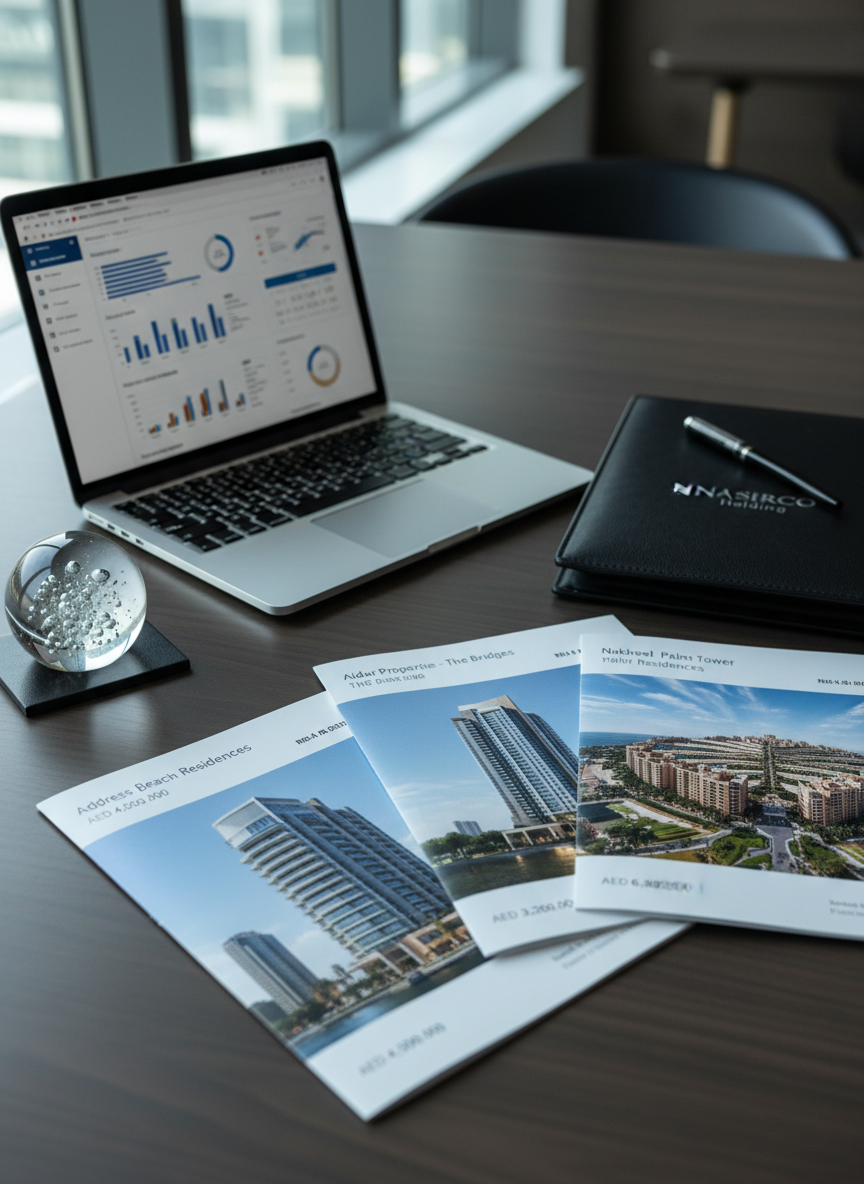 A sophisticated property comparison workspace arranged on a matte dark-wood table, featuring three printed property brochures of Dubai and Abu Dhabi apartments, each with high-resolution building photos and clear price tags in AED. A slim silver laptop displays a real estate listings dashboard with charts and floor plans, next to a glass paperweight and a black metal pen resting on a leather portfolio embossed with “NASIRCO Holding”. Cool daylight from a nearby window creates soft, directional illumination across the table, with gentle shadows and subtle reflections on the laptop surface. Captured from a slightly elevated angle using shallow depth of field, the focus centers on the brochures and laptop screen. The mood is analytical yet reassuring, in crisp photographic realism, emphasizing organized property search and informed decision-making.