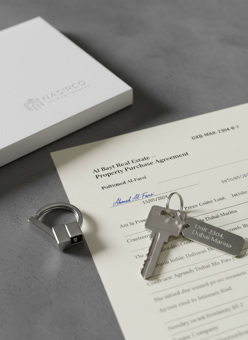 A detailed close-up of a signed real estate contract resting on a smooth, charcoal-grey stone tabletop, the document header clearly showing “Al Bayt Real Estate – Property Purchase Agreement” with neatly printed sections and a bold property reference number. A polished chrome keyring holds a modern apartment key with a small metal tag laser-engraved “Unit 2304, Dubai Marina”. To the side, a minimalist white folder bears the logo “NASIRCO Holding Company” in subtle embossing. Soft, focused overhead lighting creates delicate highlights on the metal key and gentle shadows under the paper edges. Captured from a slightly elevated macro perspective with shallow depth of field, the key and signature line are in sharp focus while the background softly blurs. The mood is decisive and trustworthy, in refined photographic realism, symbolizing successful property closing.