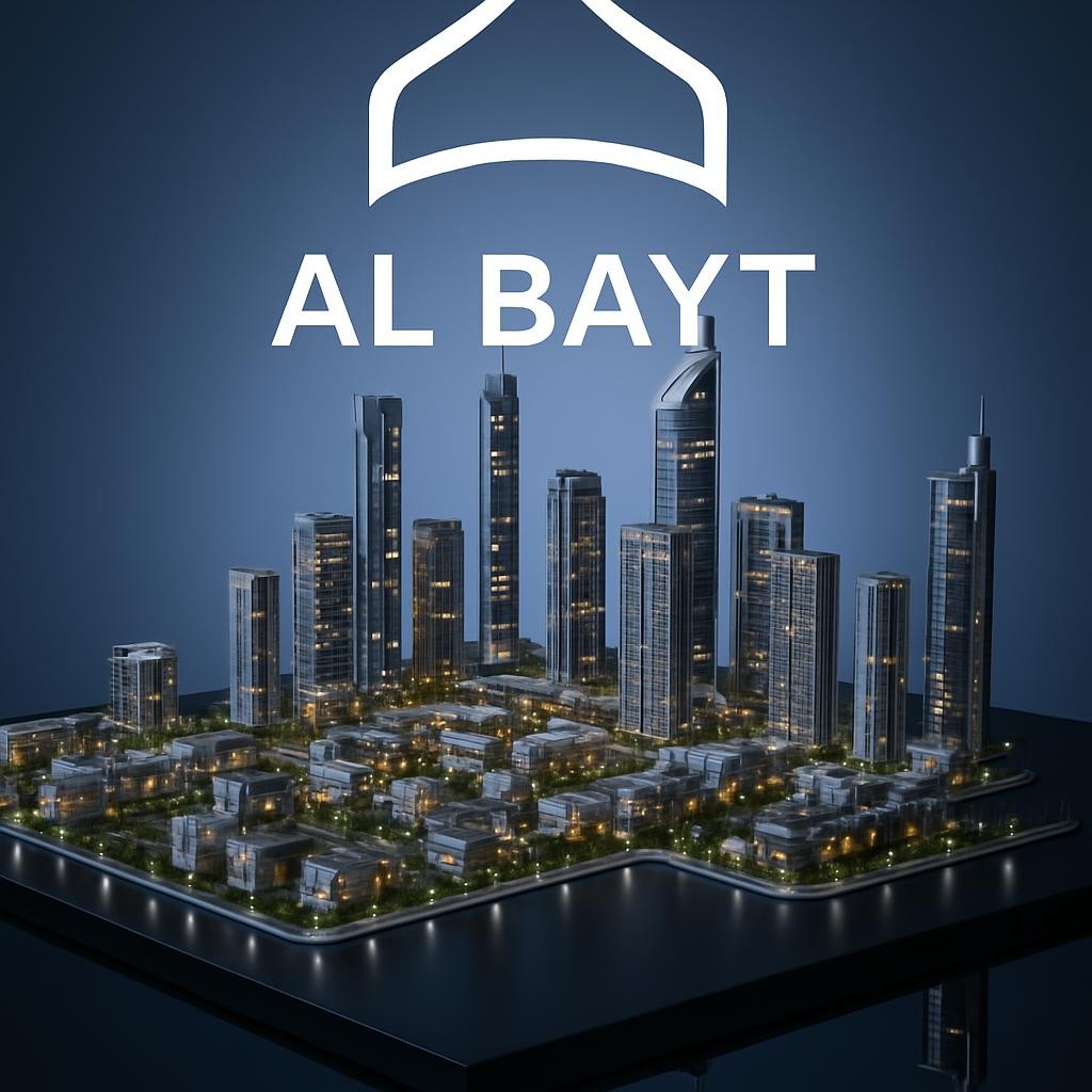 A twilight aerial-style view of a curated portfolio of UAE properties represented as a miniature cityscape on a glossy black surface. Distinct models of high-rise towers, townhouses, and villas with flat roofs and small courtyards are carefully arranged along illuminated miniature roads and palm-lined boulevards. Tiny embedded LED lights simulate warm interior windows and cool streetlights, reflecting subtly on the black base. A dark blue gradient backdrop suggests the evening sky. Gentle, controlled studio lighting from above and behind creates a refined glow and soft shadows that emphasize the forms. Captured from a slightly elevated three-quarter angle with moderate depth of field, the central towers are crisp while the periphery falls into a tasteful blur. The mood is visionary and curated, in highly polished photographic realism, symbolizing Al Bayt’s diverse real estate portfolio.