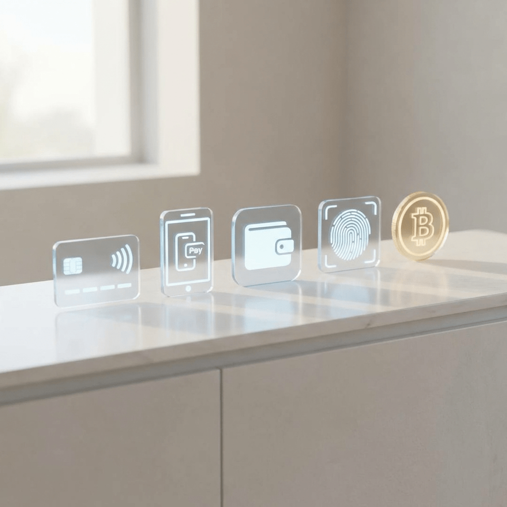 Icons showing contactless credit card, mobile payment, digital wallet, fingerprint authentication, and Bitcoin coin