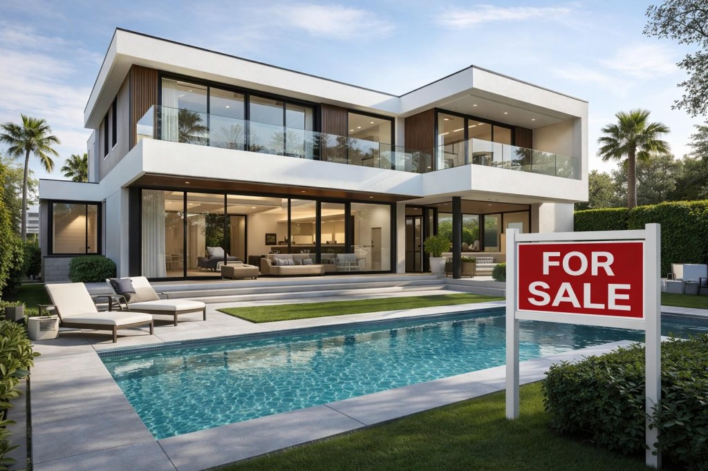 Modern two-story house with large glass windows, pool, and a for sale sign