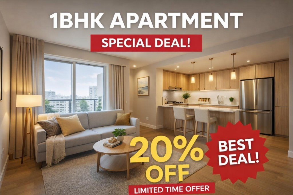 Modern 1BHK apartment living room and kitchen with 20% discount offer